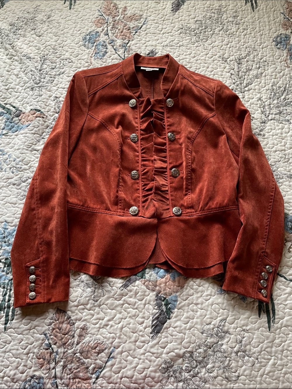 Double Breasted Suede Look Rust Color Ruffled Jacket - Picture 4 of 14